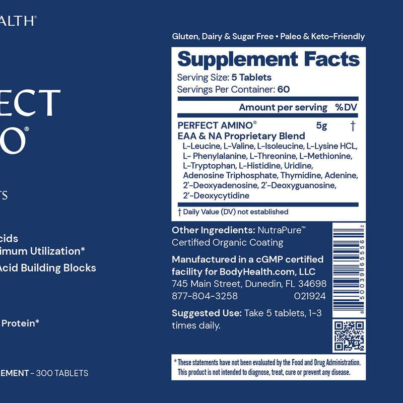 BODYHEALTH Perfect Amino Tablets - Essential Amino Acids for Optimal Health & Muscle Recovery - Vegan Gluten-Free Dairy-Free Soy-Free Msg-Free Artificial Sweetener-Free Supplement Drink Mix Collagen Fitness Supplement - Healthcare